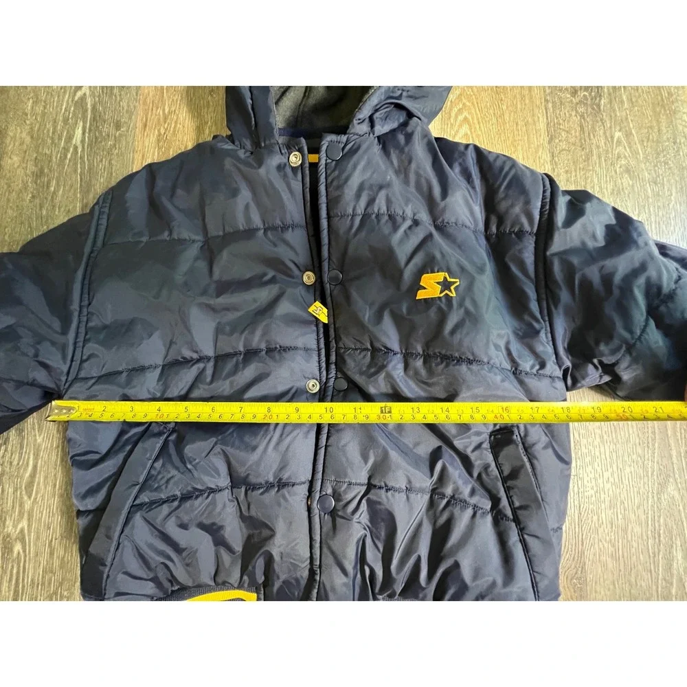 Starter Reversible Puffer Jacket Kids Size L Navy‎ Yellow Hooded Varsity Coat